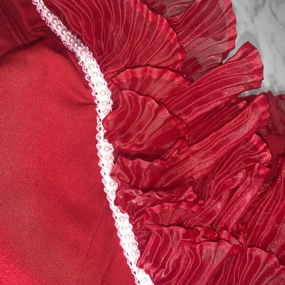 LAN Red Off Shoulder Ruffled Sleeveless Midi Slit Cocktail Evening Party Dress - Picture 5 of 10